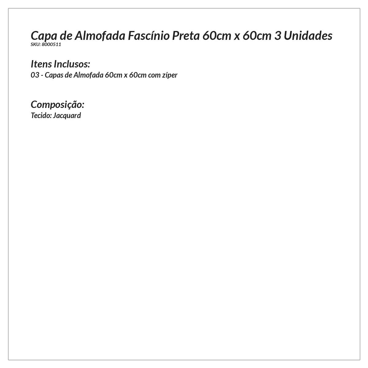 Kit de Capa de Almofada Grande Preta Listrada 60cm x 60cm 3 Unidades com zíper