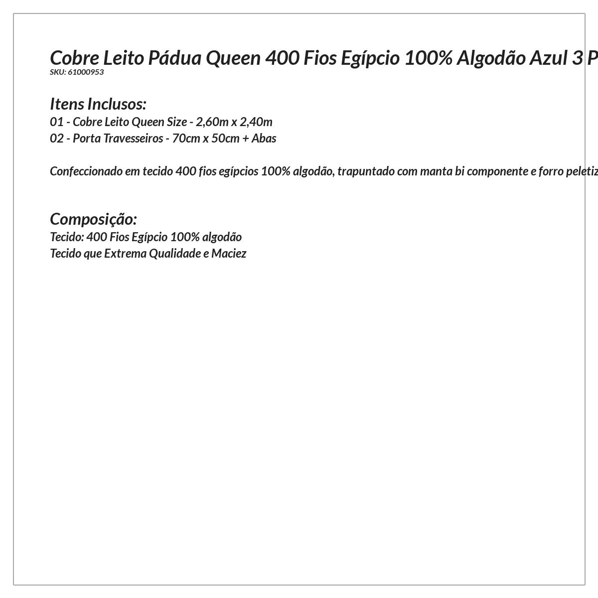 Kit de Cobre Leito Queen Size Azul 400 Fios Egípcio 3 Peças 100% Algodão