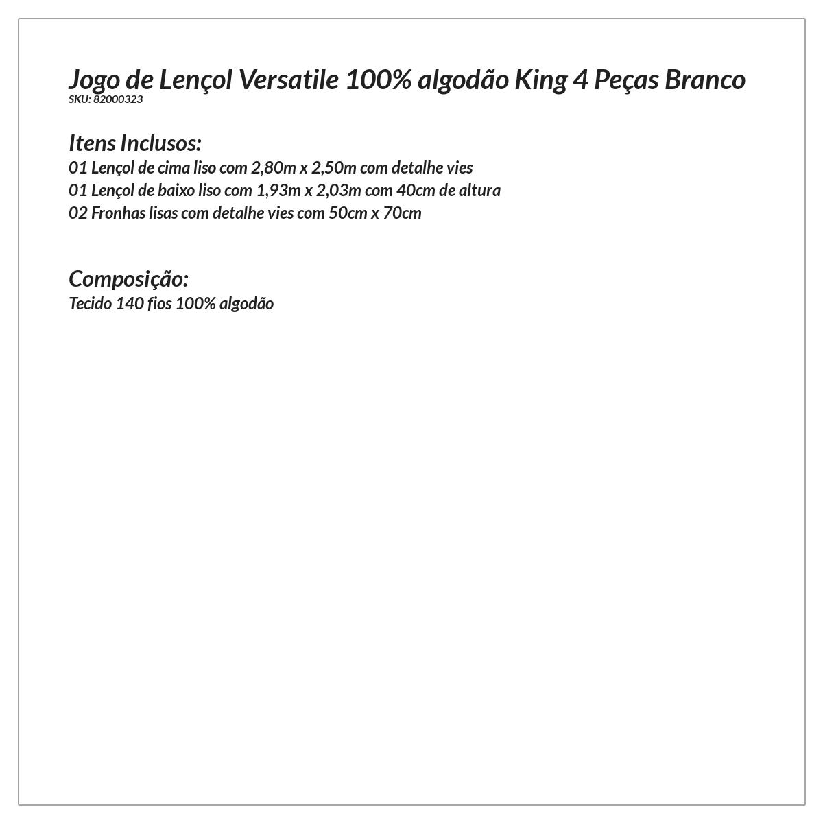 Kit de Lençol 100% Algodão 4 Peças Tamanho King Size Branco
