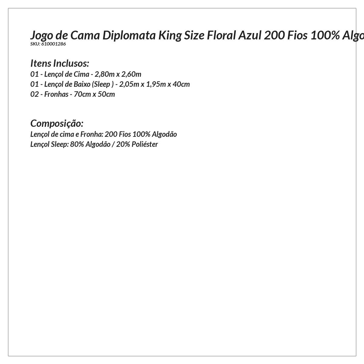 Lençol Diplomata King Size Floral Azul 200 Fios 100% Algodão 4 Peças