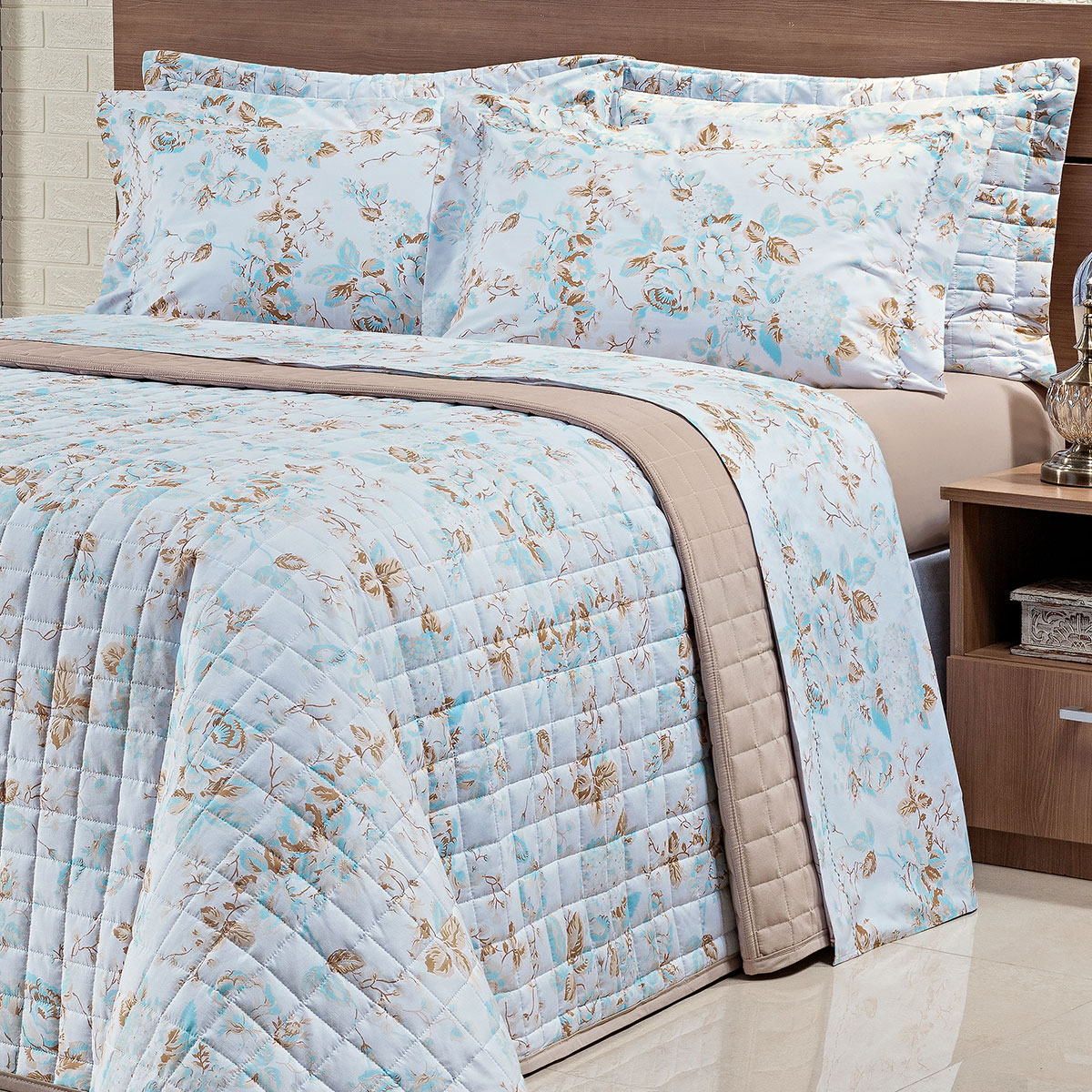 Lençol Estampado Queen Size Floral Bege 200 Fios 100% Algodão 4 Peças