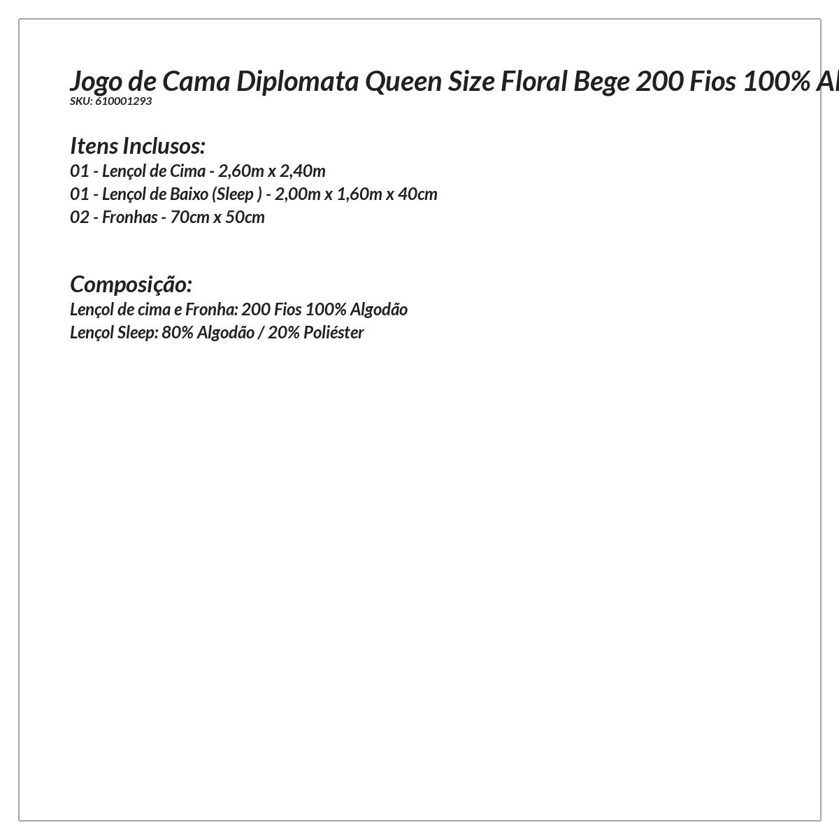 Lençol Estampado Queen Size Floral Bege 200 Fios 100% Algodão 4 Peças
