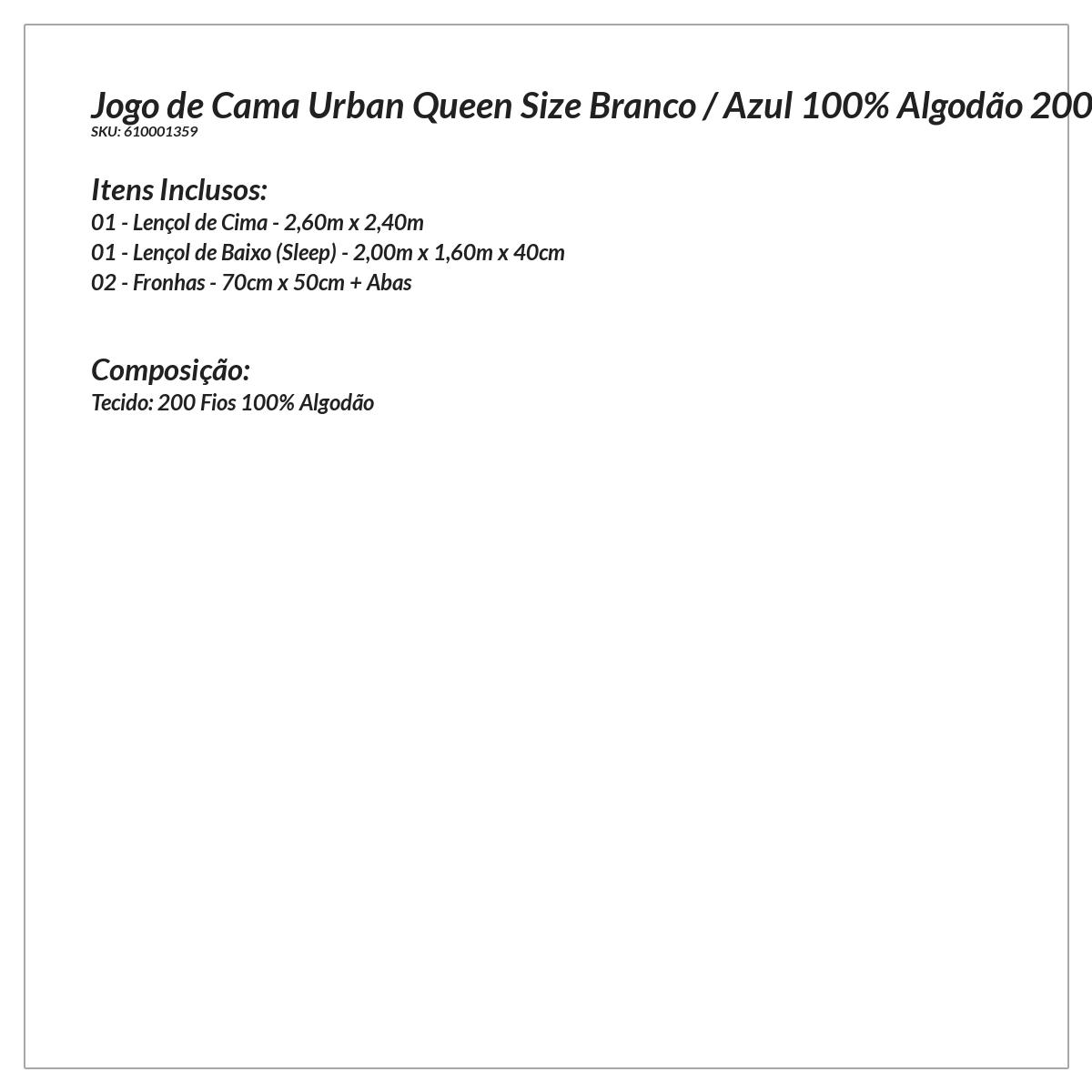 Lençol Para Cama Queen Size Branco / Azul 100% Algodão 200 Fios 4 Peças