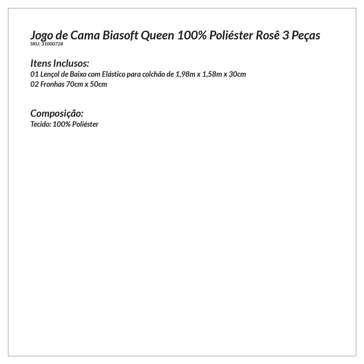 Lençol de Cama Queen Rosê 3 Peças Liso com Elástico 1,98m x 1,58m x 30cm