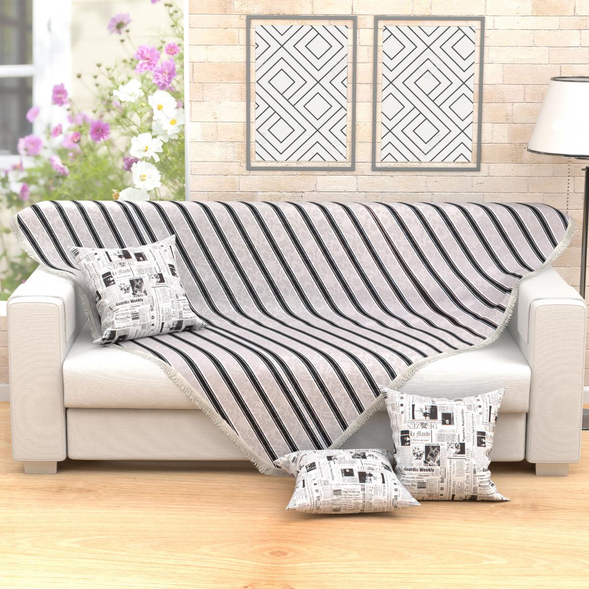 Manta de Sofá Preta Listrada Clássica 1,50m x 1,50m + 3 Almofadas Decorativas 45cm x 45cm com refil