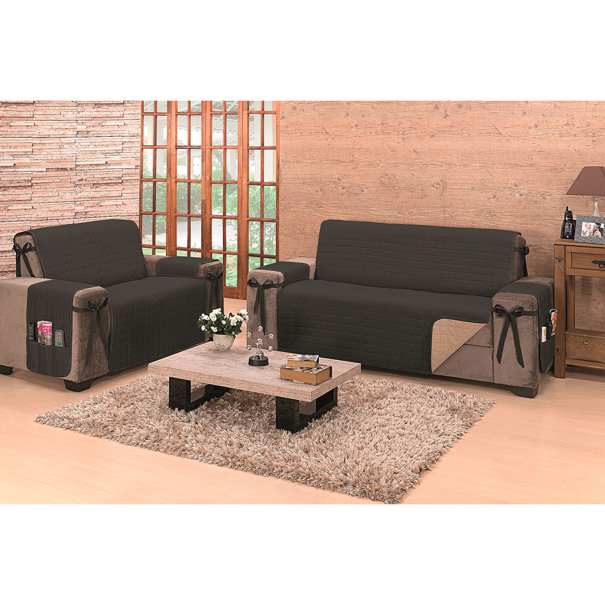Protetor de Sofá Premium King 3 Lugares Micropercal 150 Fios Preto/Cáqui 1 Peça