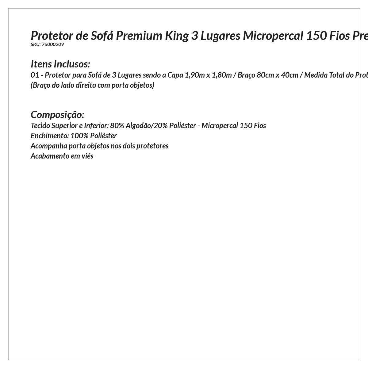 Protetor de Sofá Premium King 3 Lugares Micropercal 150 Fios Preto/Cáqui 1 Peça