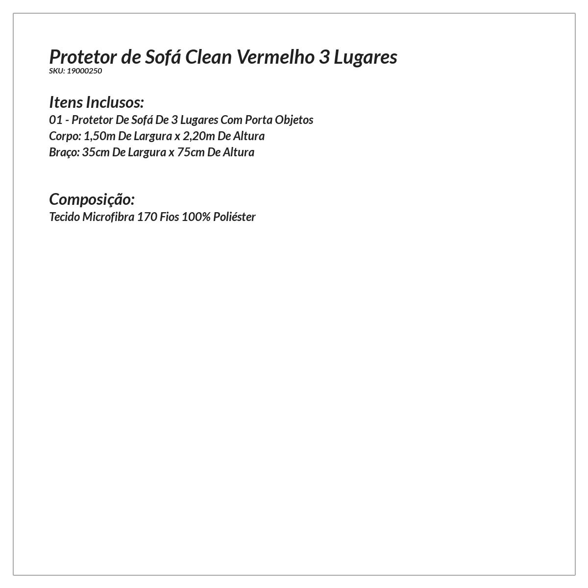 Protetor de Sofá Vermelho 3 Lugares Clássico Liso Matelado com Porta Objetos