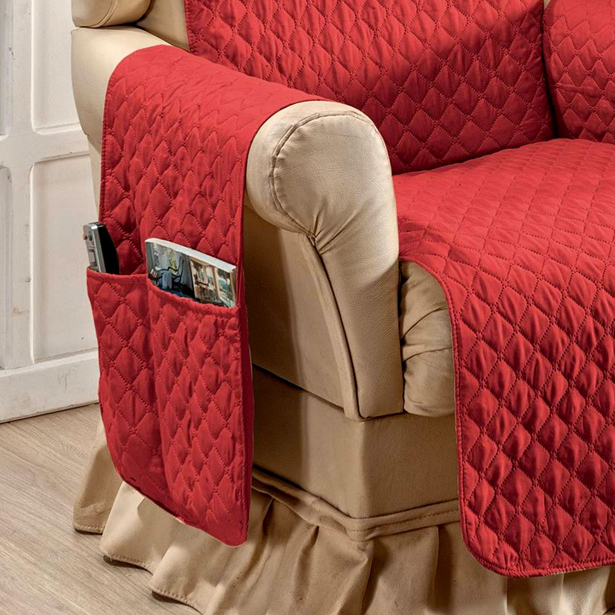 Protetor de poltrona Vermelho Matelado 1 Peça com Porta Objetos Liso