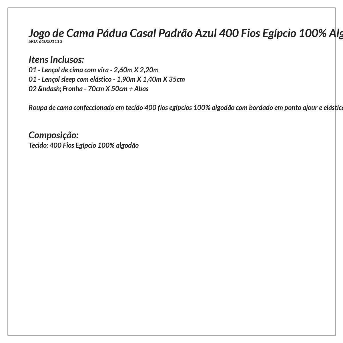 Roupa de Cama Casal Padrão Azul 400 Fios Egípcio 100% Algodão 4 Peças