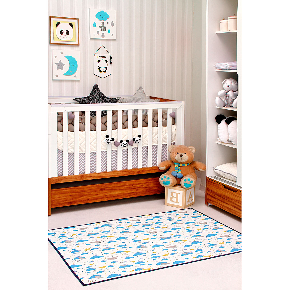 Tapete Infantil que Brinca no Escuro Menino Azul Nuvem Antiderrapante 1,4m x 1m