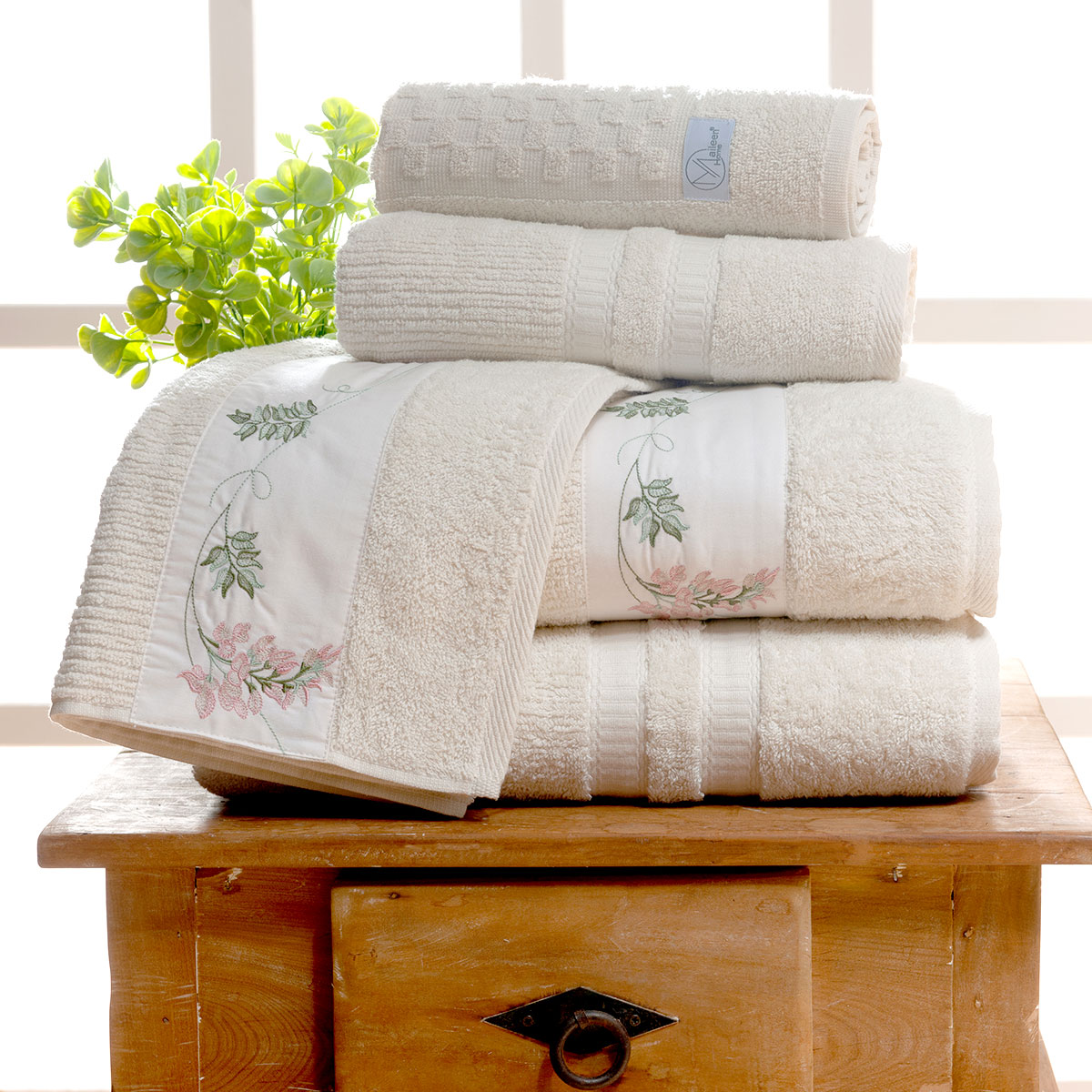 Toalha Banho Kim Palha / Rosa Felpa 100% Algodão 05 Peças 5 Peças Bordado