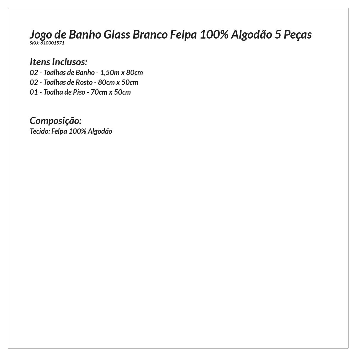 Toalha de Banho Clássico Branco Felpa 100% Algodão 5 Peças