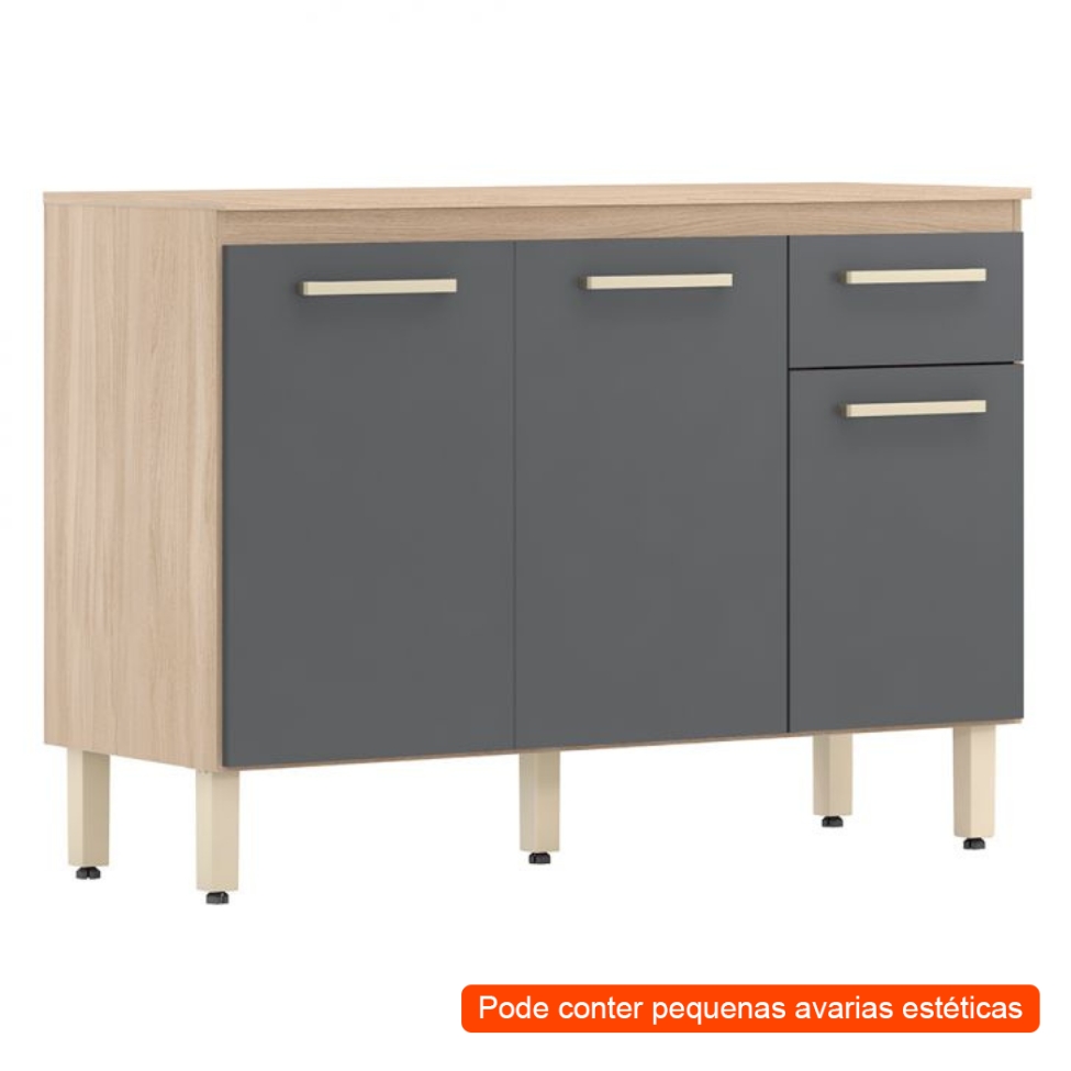 [OUTLET] Balcão de Cozinha Dama com Tampo 3 Portas 1 Gaveta Avena e Grafito