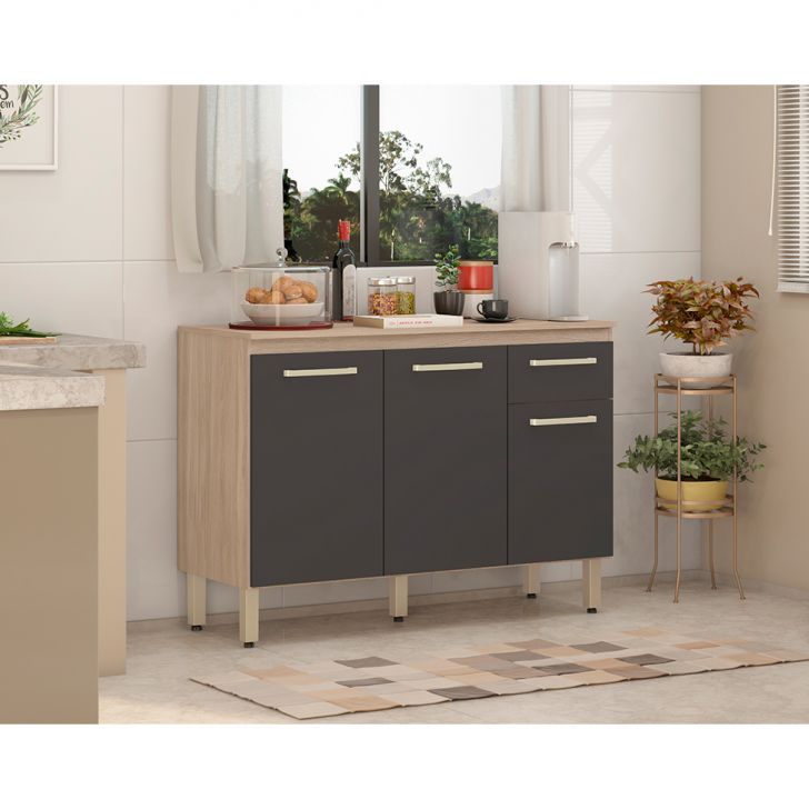[OUTLET] Balcão de Cozinha Dama com Tampo 3 Portas 1 Gaveta Avena e Grafito