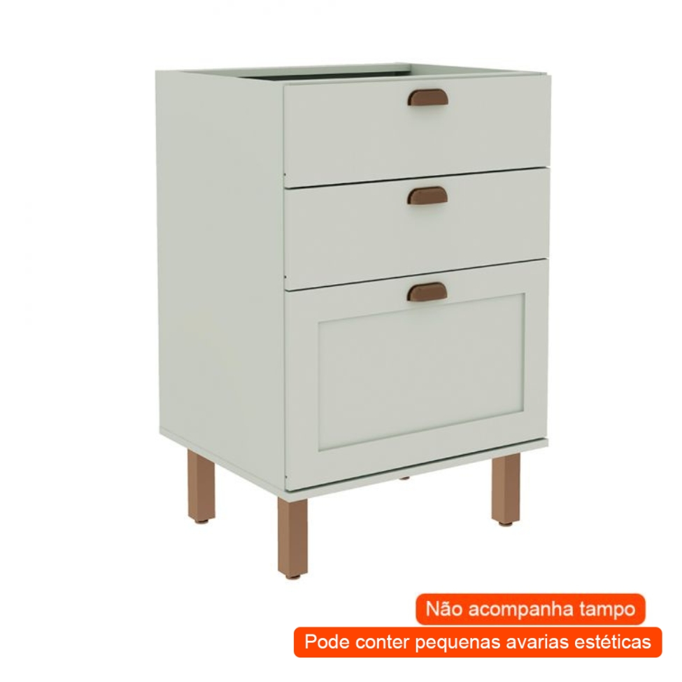 [OUTLET] Balcão de Cozinha Iluminata 3 Gavetas Mint 60 cm
