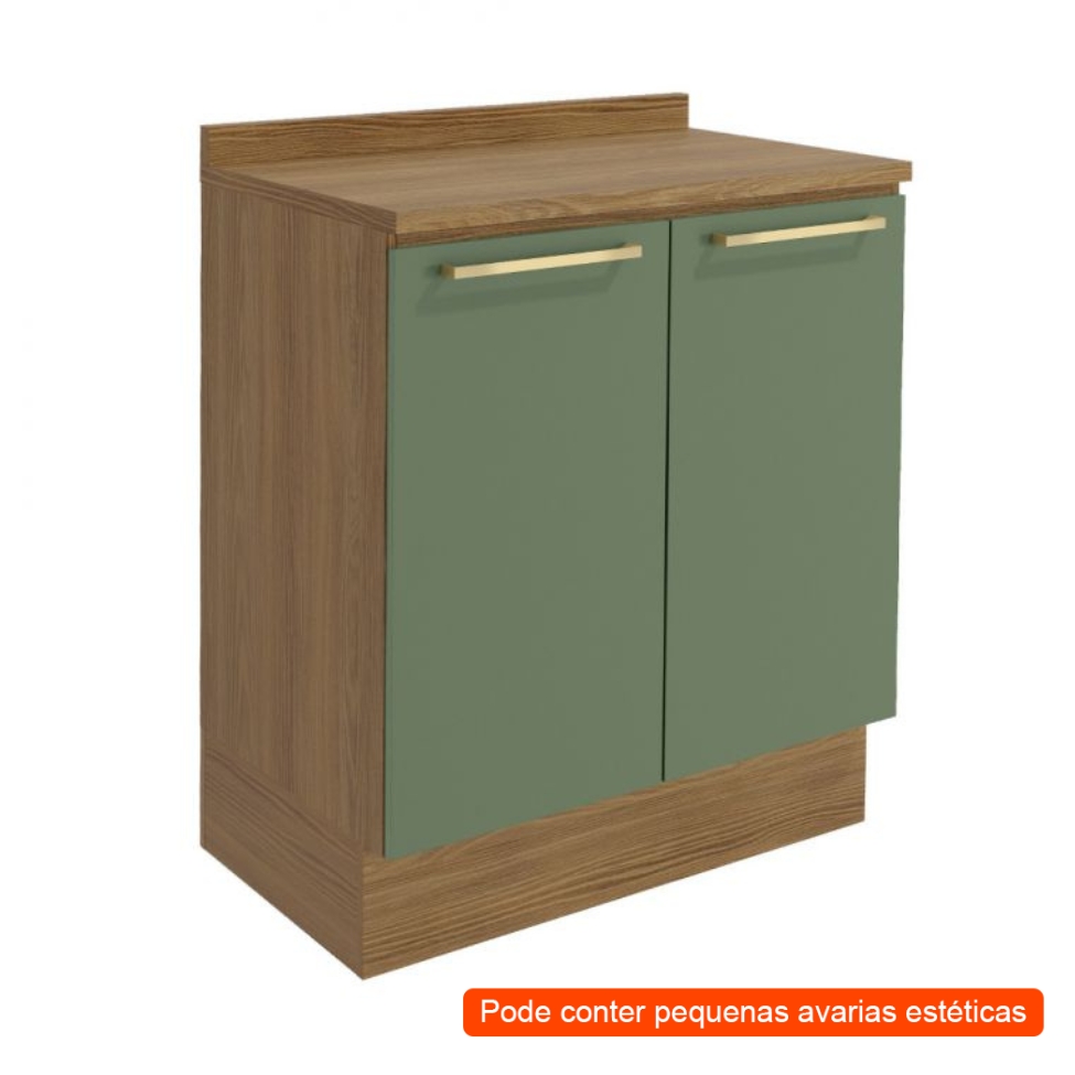 [OUTLET] Balcão de Cozinha com Tampo Botanic 2 Portas Verde Oliva e Nogueira