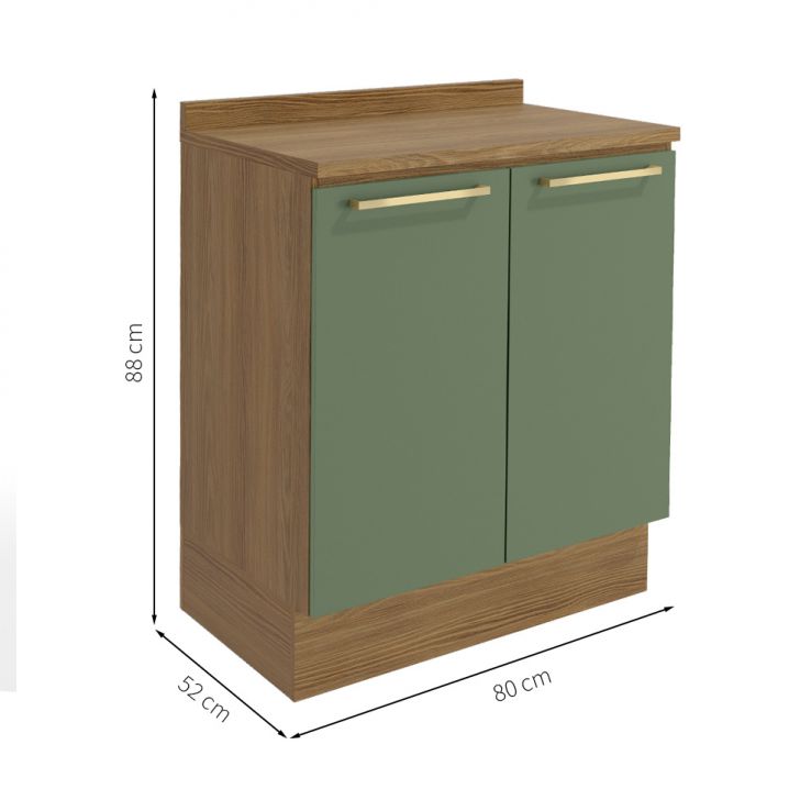 [OUTLET] Balcão de Cozinha com Tampo Botanic 2 Portas Verde Oliva e Nogueira