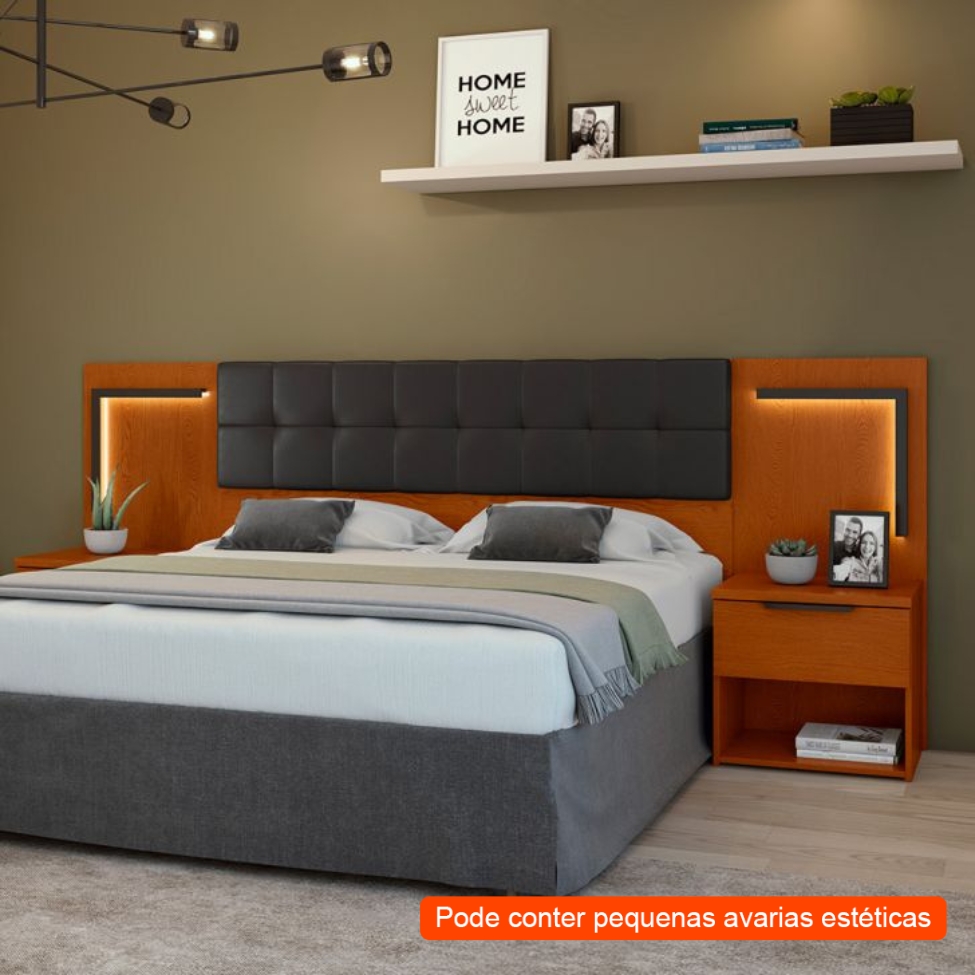 [OUTLET] Cabeceira Queen com 2 Mesas de Apoio Calitan 2 GV Revestimento Sintético Preto e Frassino