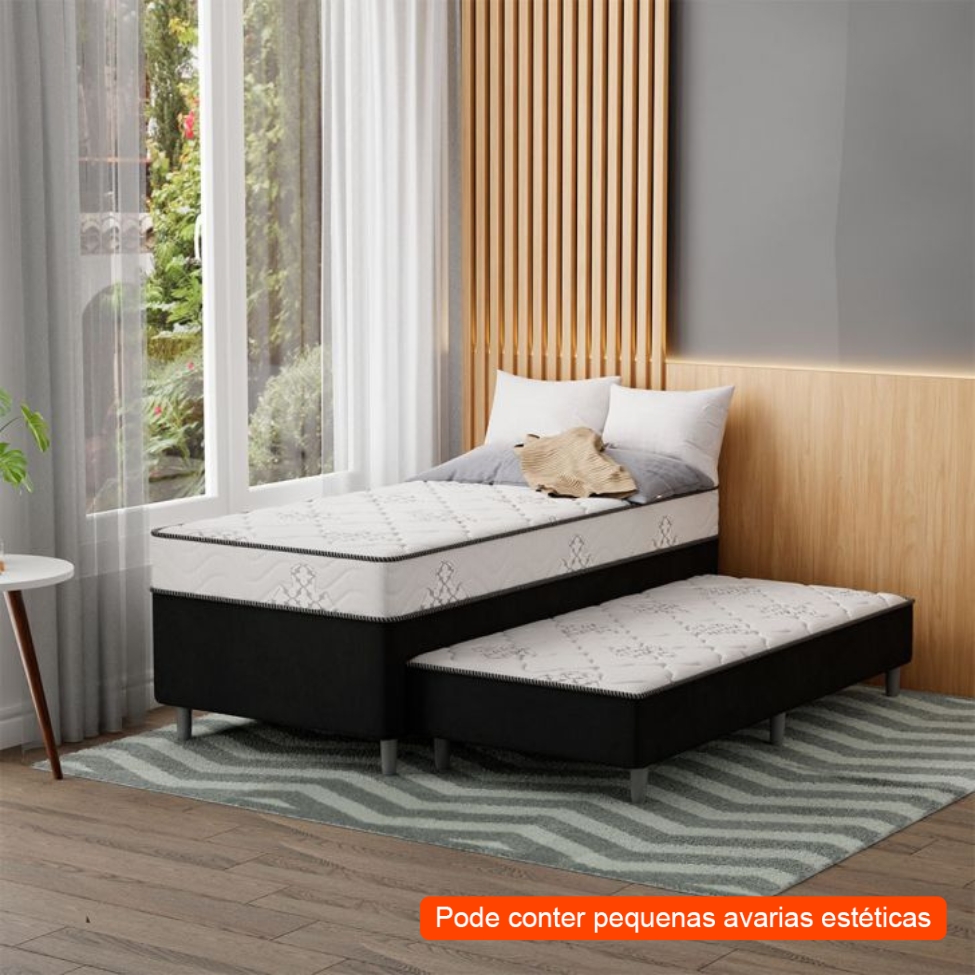 [OUTLET] Cama Box Conjugada Solteiro Premier Unibox Molas Ensacadas (63x88x188) com Cama Auxiliar Preta