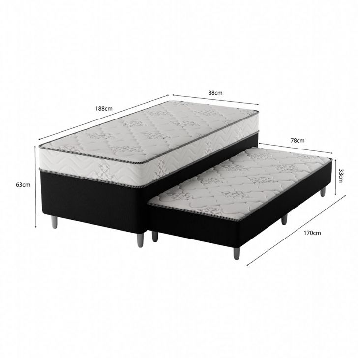 [OUTLET] Cama Box Conjugada Solteiro Premier Unibox Molas Ensacadas (63x88x188) com Cama Auxiliar Preta
