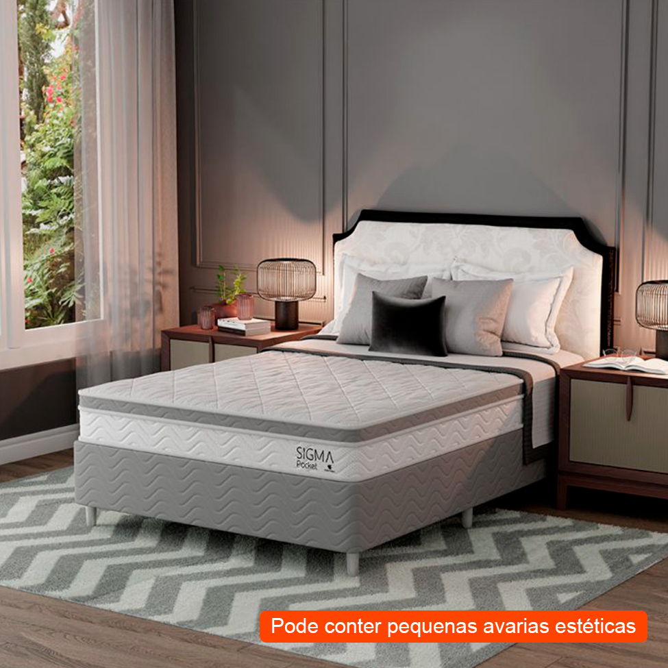[OUTLET] Cama Box com Colchão Casal Sigma Molas Ensacadas (22x138x188) Branco e Cinza