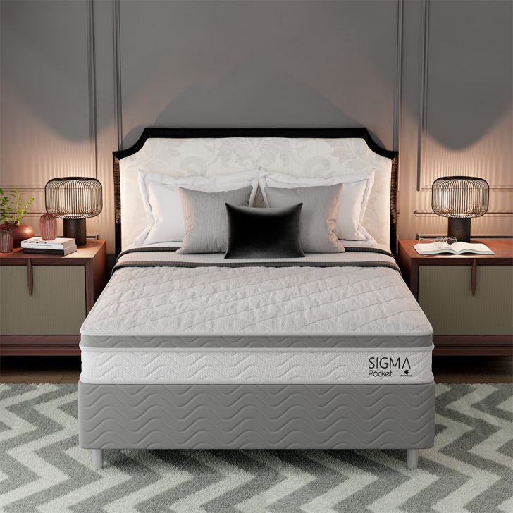 [OUTLET] Cama Box com Colchão Casal Sigma Molas Ensacadas (22x138x188) Branco e Cinza