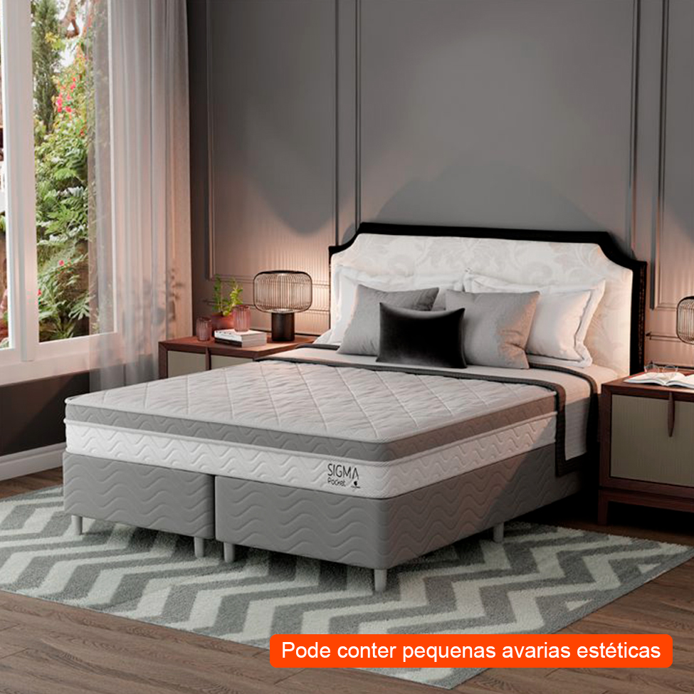 [OUTLET] Cama Box com Colchão Queen Sigma Molas Ensacadas (22x158x198) Branco e Cinza