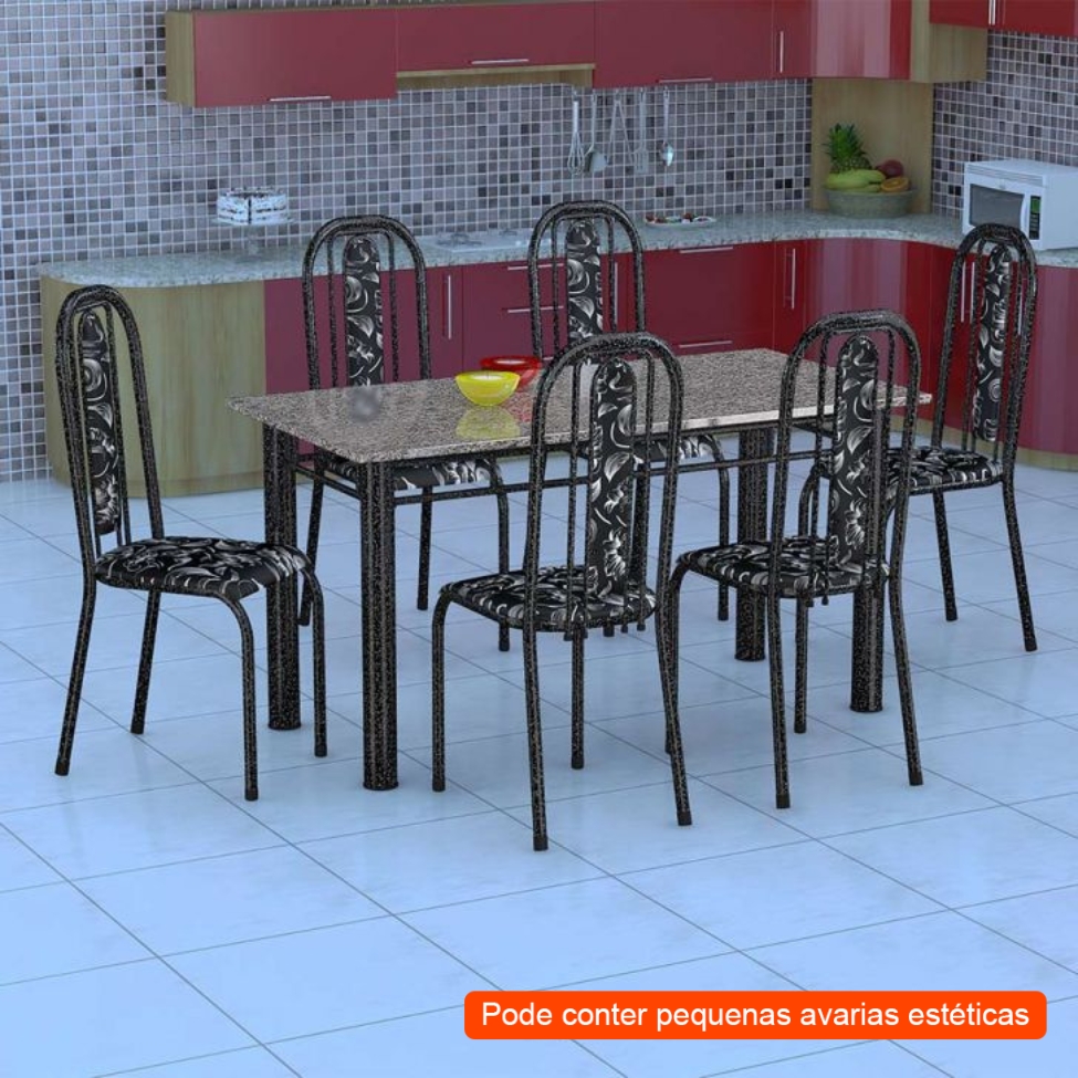 [OUTLET] Conjunto de Mesa com 6 Cadeiras Granada Preto Floral GR