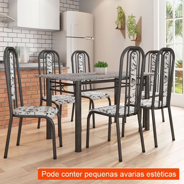 [OUTLET] Conjunto de Mesa com 6 Cadeiras Granada Preto e Branco Floral GR