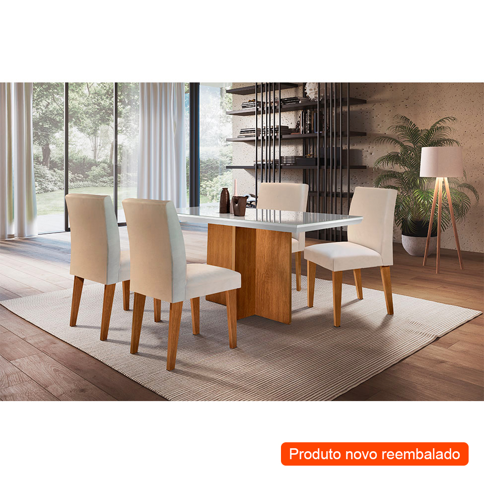 [OUTLET] Conjunto de Mesa de Jantar Berlim II com Tampo de Vidro Off White e 4 Cadeiras Grécia Veludo Creme