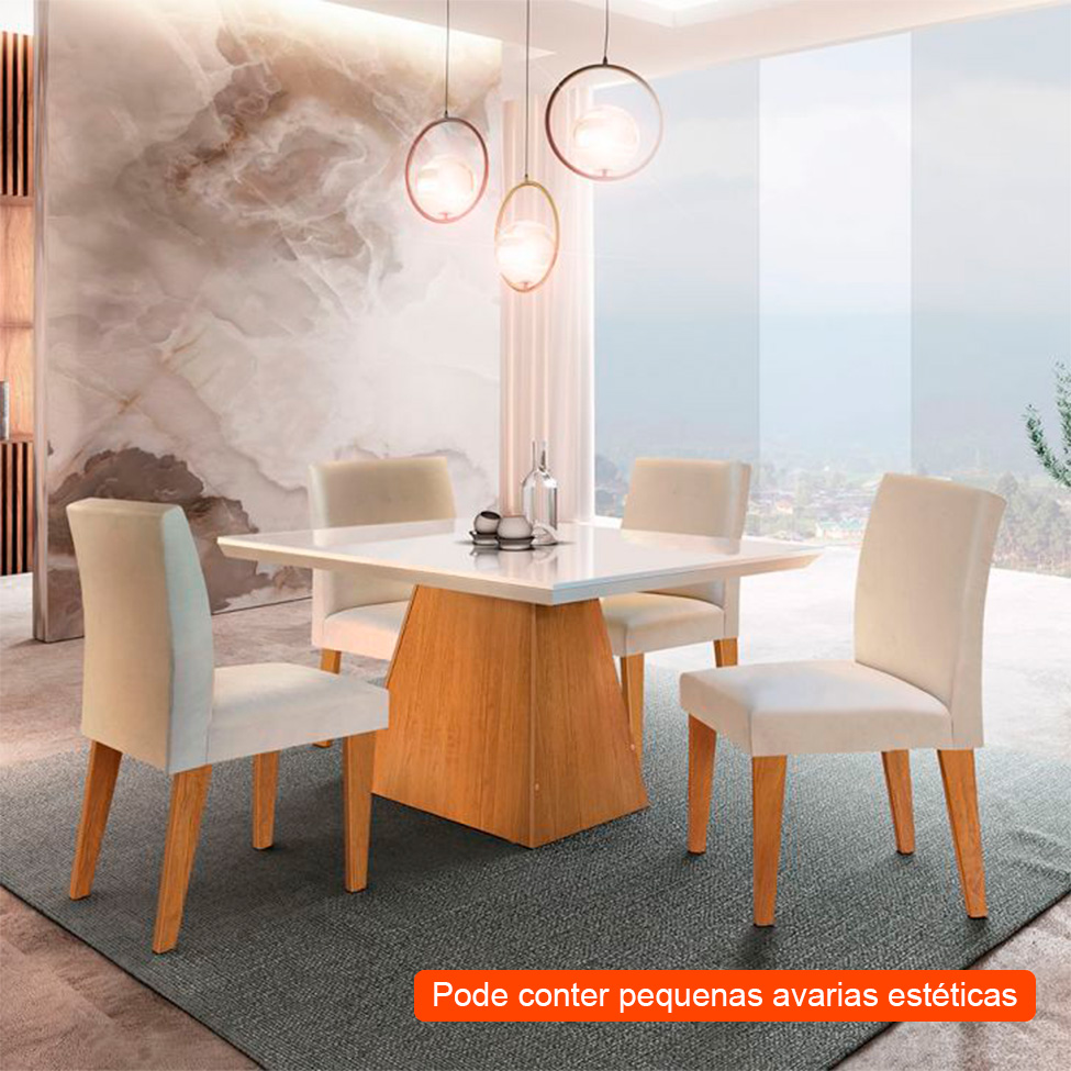 [OUTLET] Conjunto de Mesa de Jantar Luna com Tampo Off White e 4 Cadeiras Grécia Veludo Creme e Imbuia