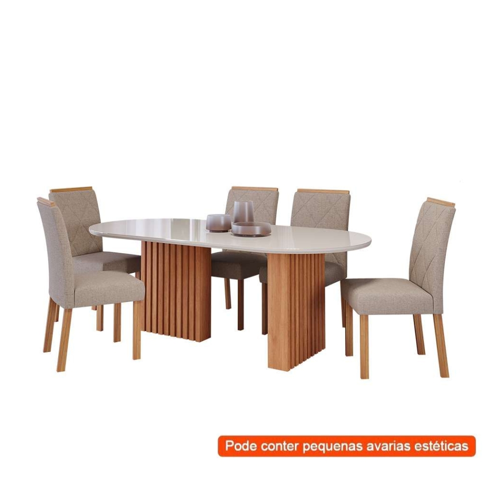 [OUTLET] Conjunto de Mesa de Jantar Oval com Tampo de Vidro Off White Ester e 6 Cadeiras Fernanda Linho Bege