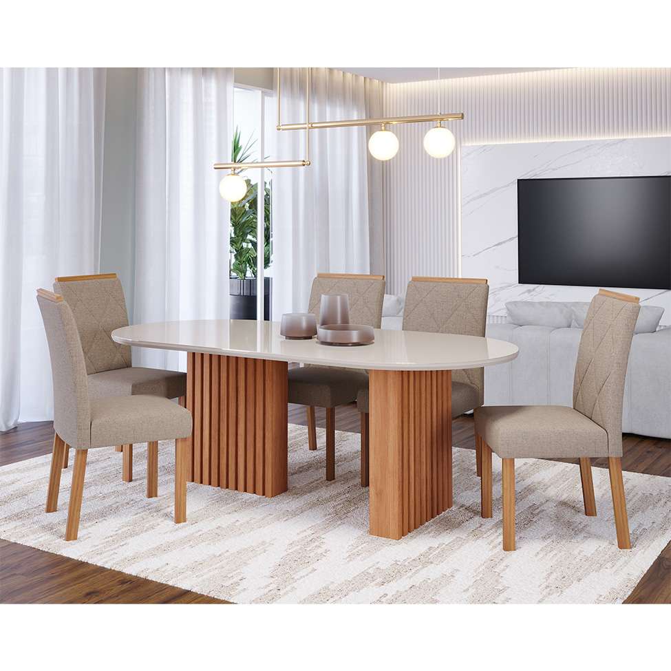 [OUTLET] Conjunto de Mesa de Jantar Oval com Tampo de Vidro Off White Ester e 6 Cadeiras Fernanda Linho Bege