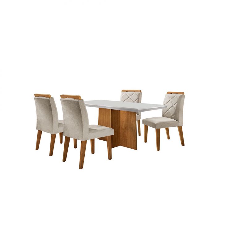 [OUTLET] Conjunto de Mesa de Jantar Retangular com Tampo Off White Ane e 4 Cadeiras Bélgica Veludo Creme e Imbuia