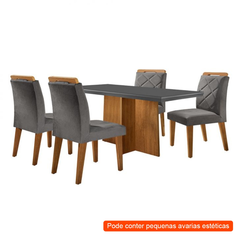 [OUTLET] Conjunto de Mesa de Jantar Retangular com Tampo de Vidro Ane e 4 Cadeiras Bélgica Veludo Grafite e I