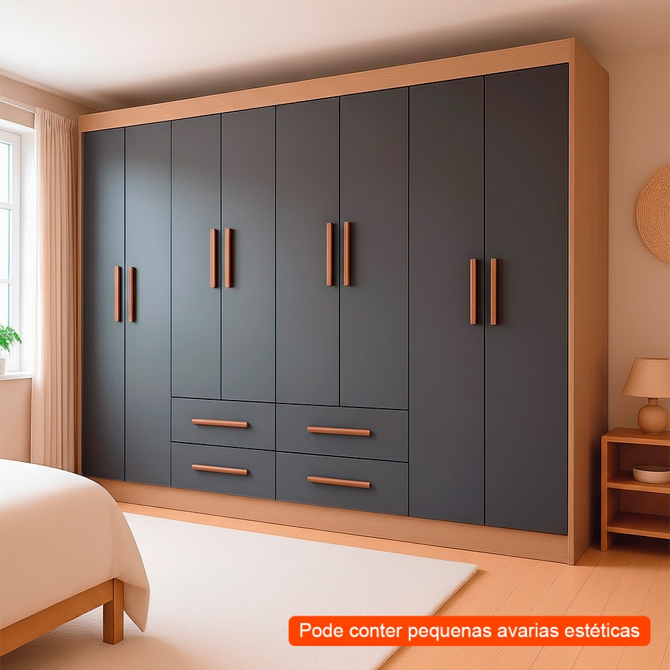 [OUTLET] Guarda-Roupa Casal Lite 8 Portas 4 Gavetas Cinza e Nature
