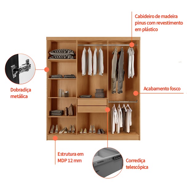 [OUTLET] Guarda-Roupa Casal Malibu 6 PT Imbuia e Off White