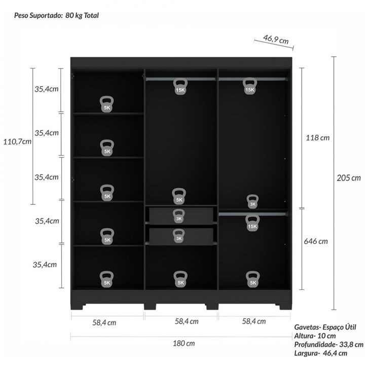 [OUTLET] Guarda-Roupa Casal York 6 Portas 2 Gavetas Preto