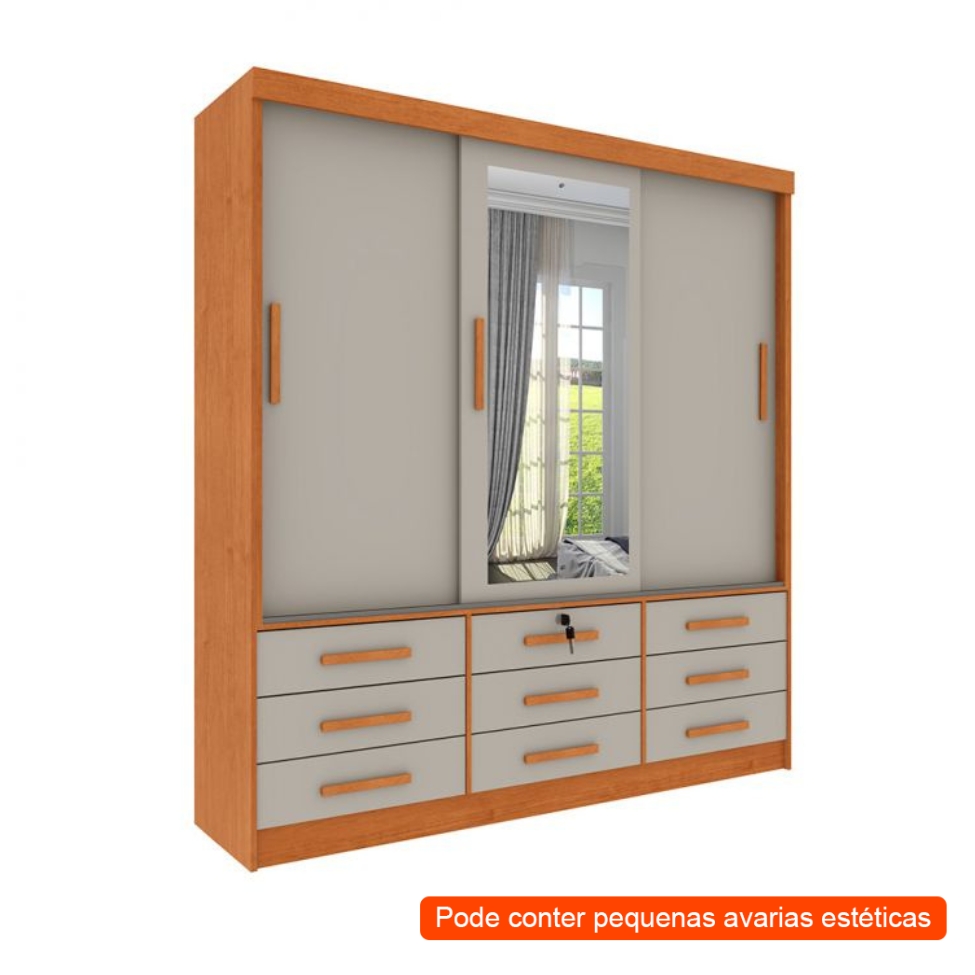 [OUTLET] Guarda-Roupa Casal com Espelho Chicago 3 Portas 9 Gavetas Cinamomo e Off White
