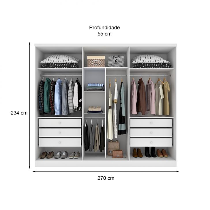 [OUTLET] Guarda-Roupa Casal com Espelho Milão 3 PT 6 GV Neve