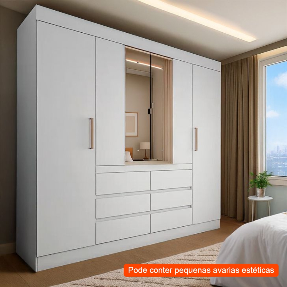 [OUTLET] Guarda-Roupa Casal com Espelho Trevi 4 Portas 6 Gavetas Branco