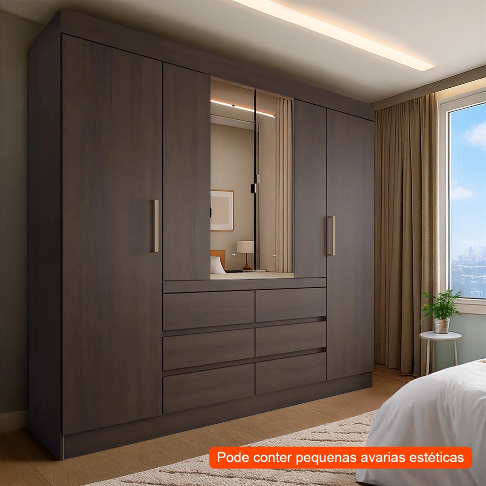 [OUTLET] Guarda-Roupa Casal com Espelho Trevi 4 Portas 6 Gavetas Café