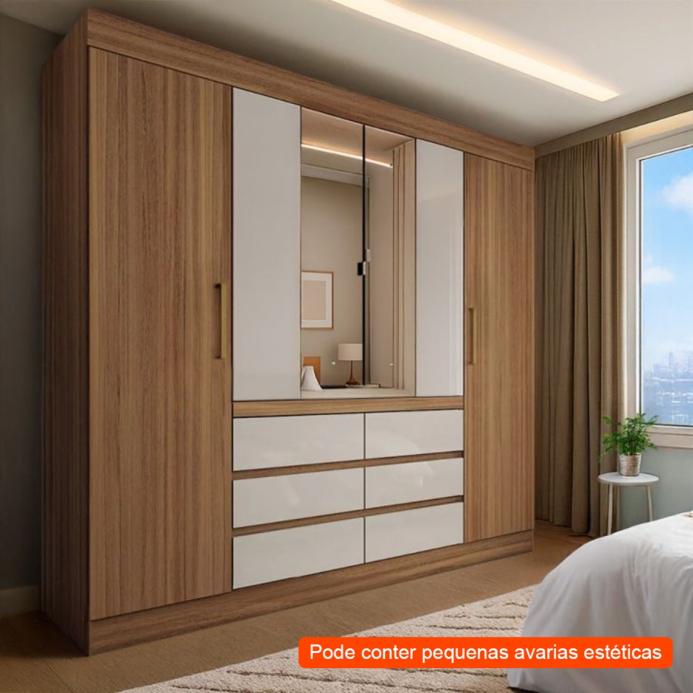 [OUTLET] Guarda-Roupa Casal com Espelho Trevi 4 Portas 6 Gavetas Off White e Amendola