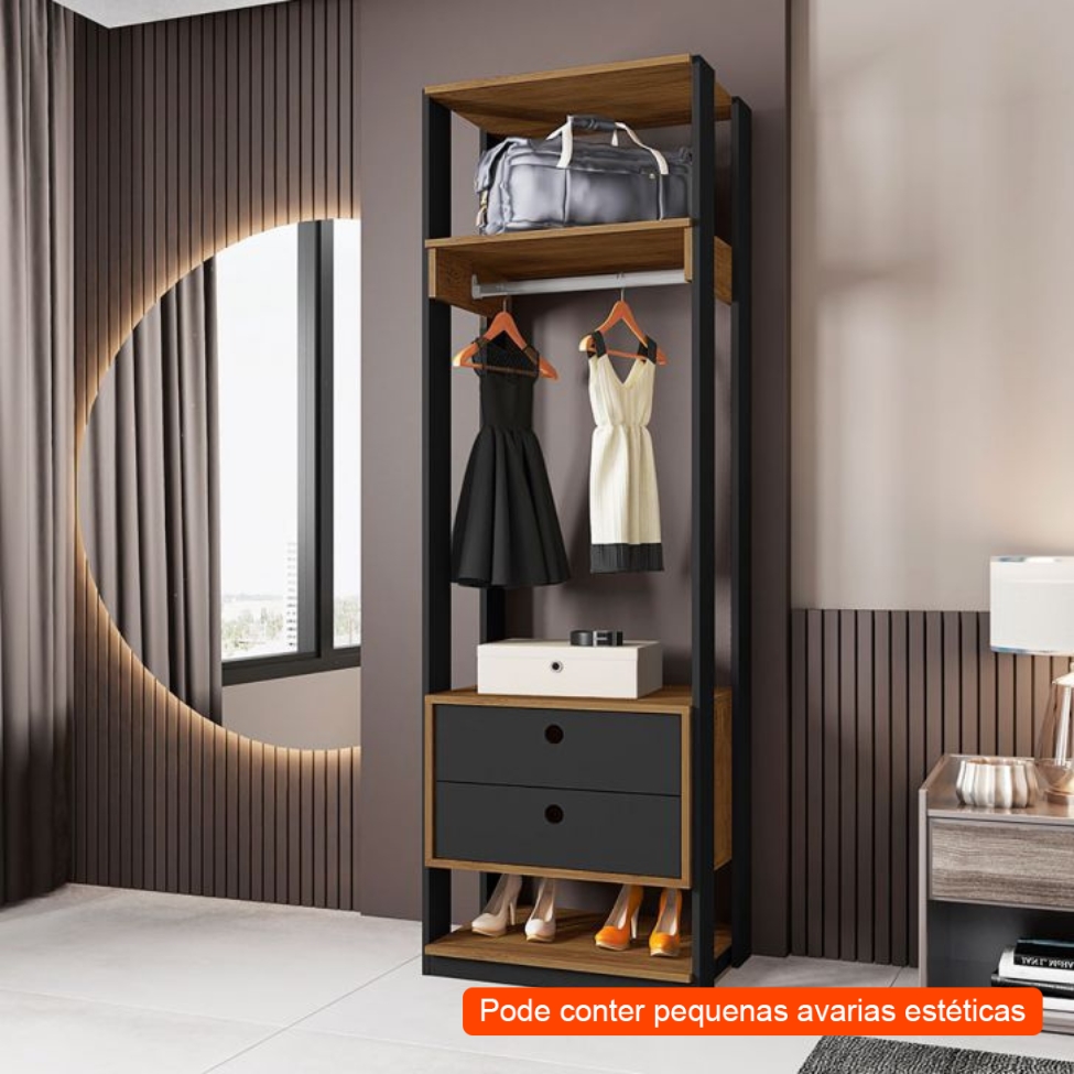 [OUTLET] Guarda-Roupa Closet Titan 2 Gavetas Preto e Freijó