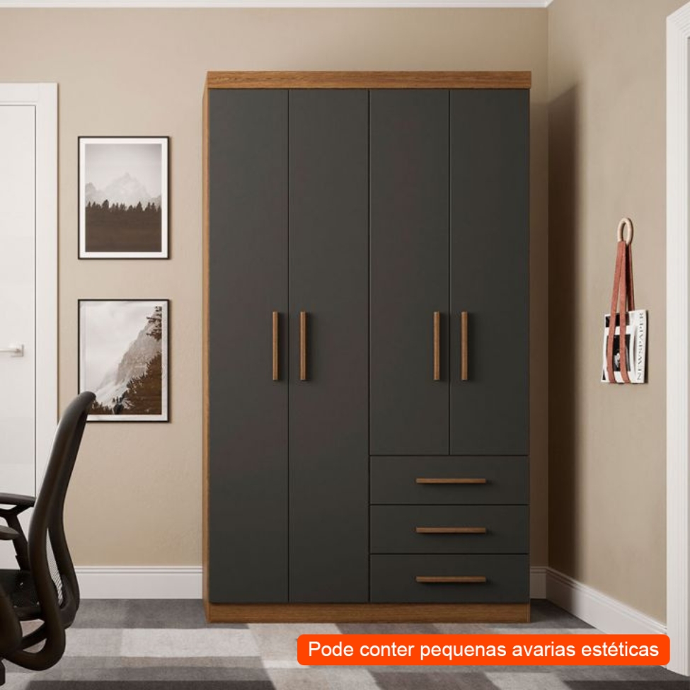 [OUTLET] Guarda-Roupa Solteiro Advantage 4 PT 3 GV Ipê Wood e Grafite