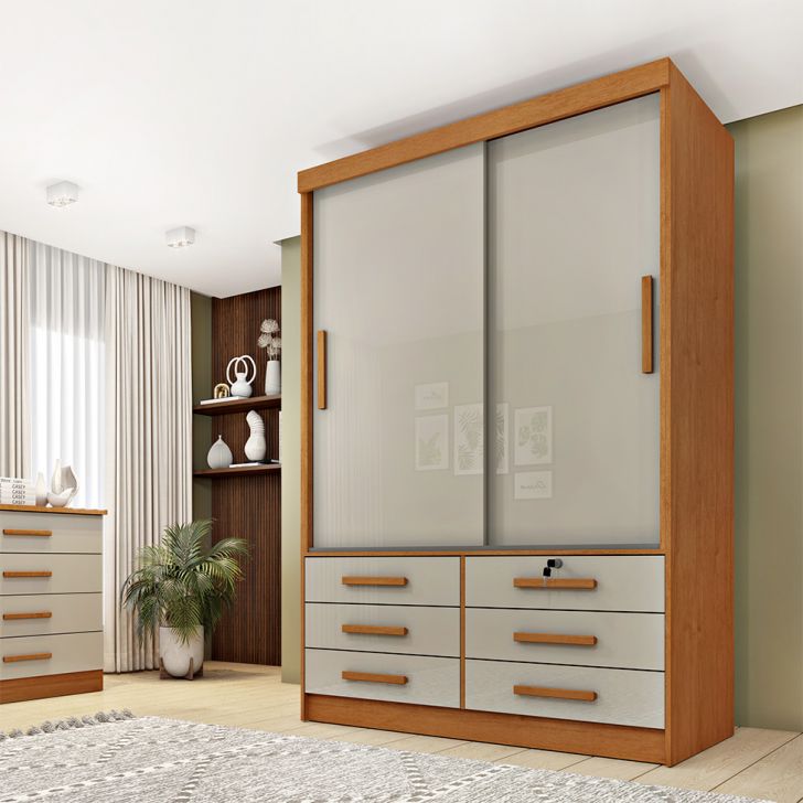 [OUTLET] Guarda-Roupa Solteiro Chicago 2 Portas 6 Gavetas Cinamomo e Off White