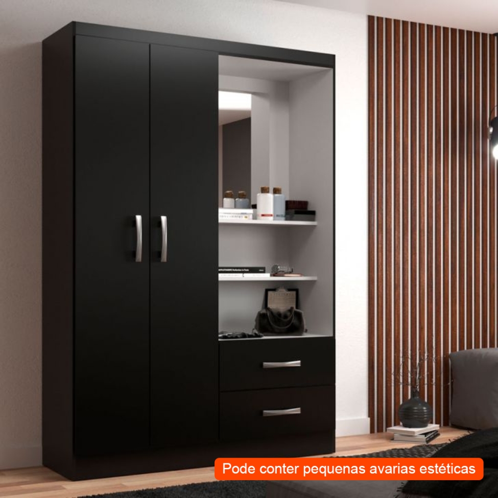 [OUTLET] Guarda-Roupa Solteiro com Espelho Capelinha 2 PT 2 GV Preto