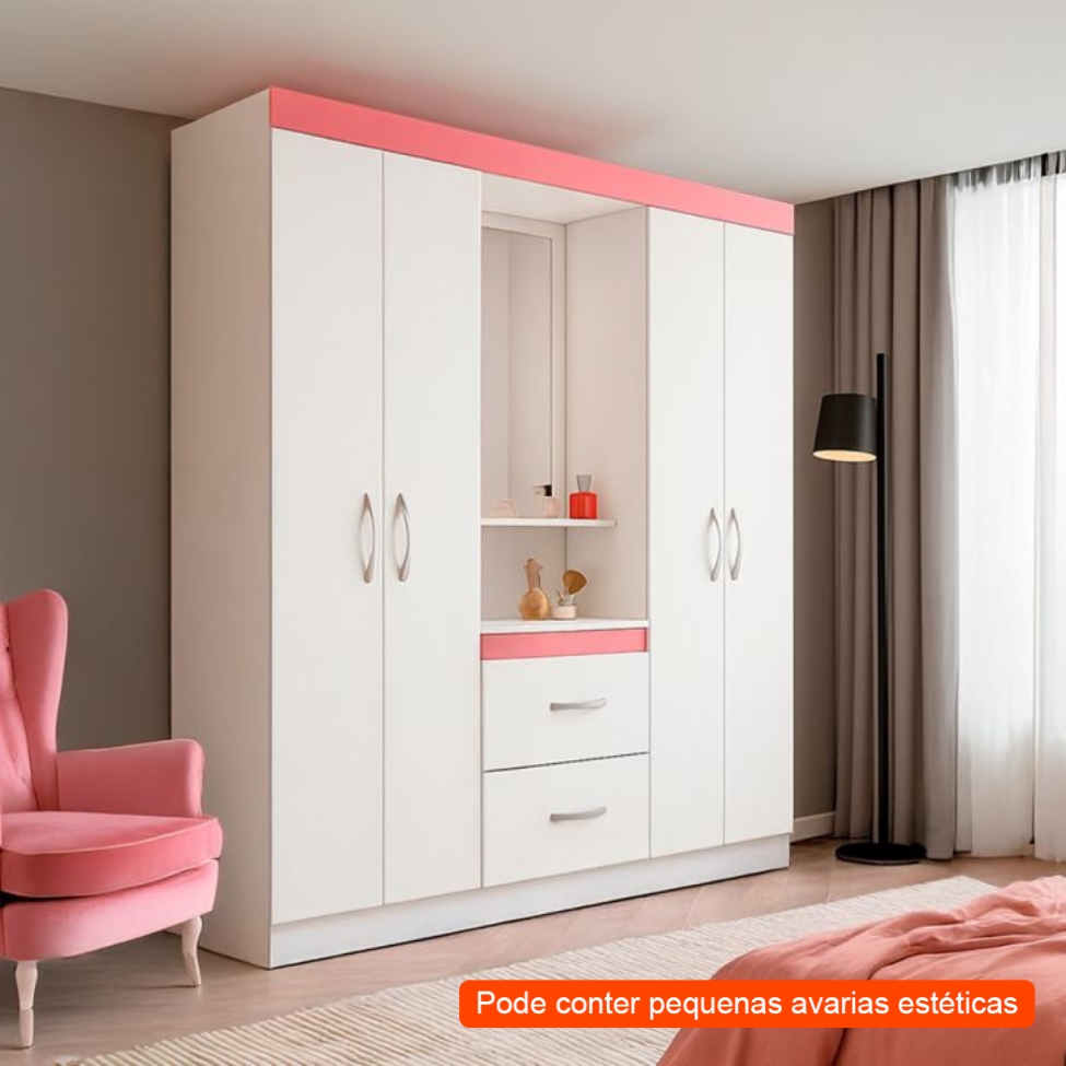 [OUTLET] Guarda-Roupa Solteiro com Espelho Embers 4 Portas 2 Gavetas Branco e Rosa