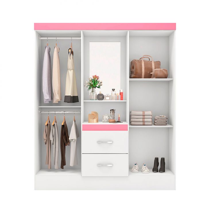 [OUTLET] Guarda-Roupa Solteiro com Espelho Embers 4 Portas 2 Gavetas Branco e Rosa
